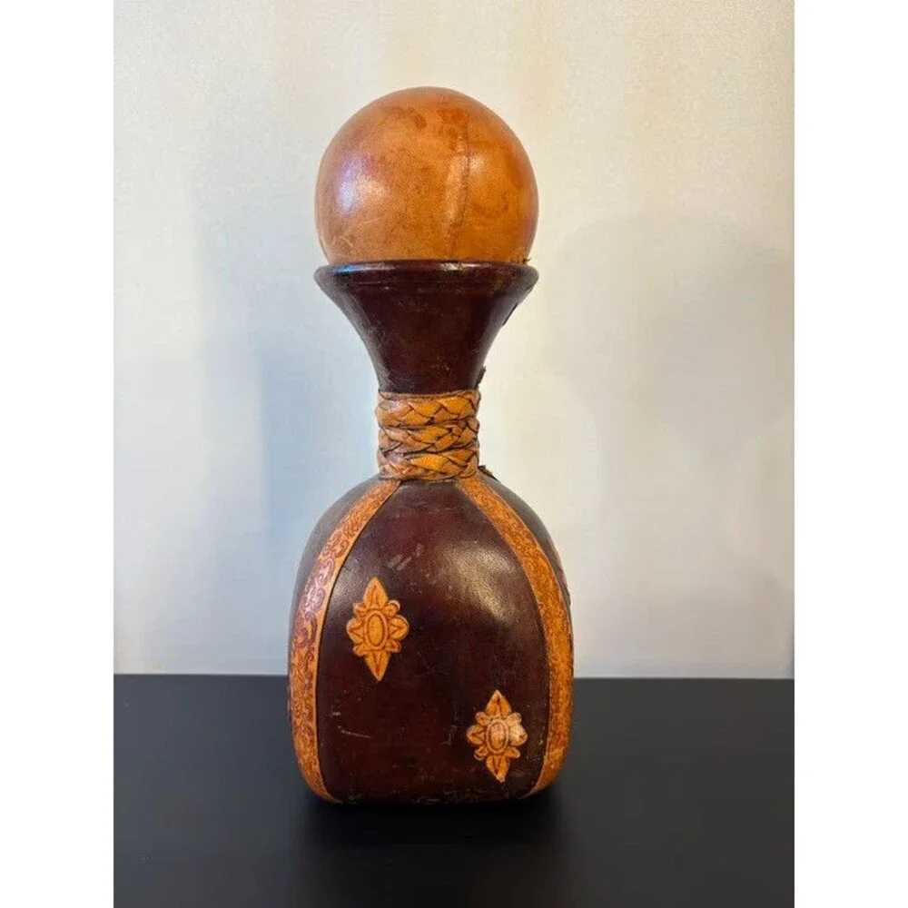 Italian Leather Decanter Dark Brown Fleur de Lis Applied Motifs Ball Stopper